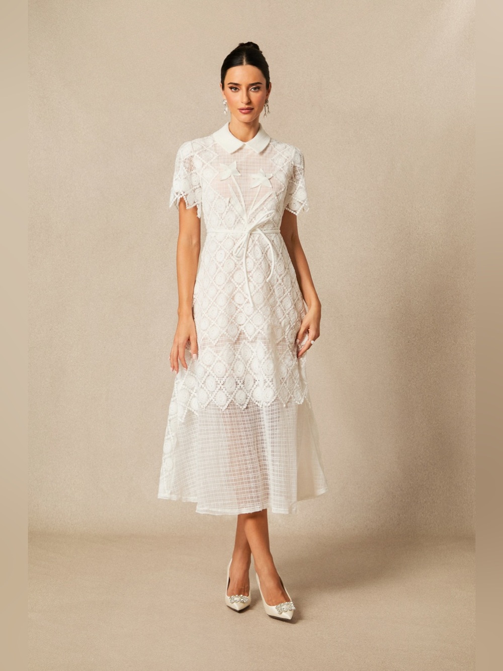 Sunfere Grace Lace Embroidered Midi Dress | Size Medium | NWT